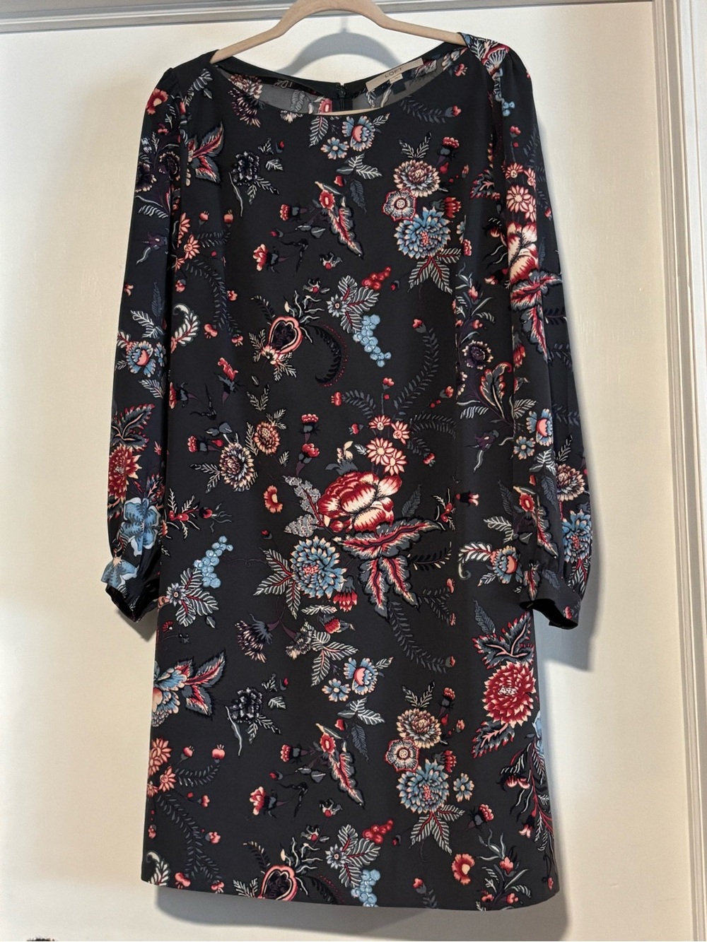 LOFT Floral Long Sleeve Shift Dress with Red & Blue Accents